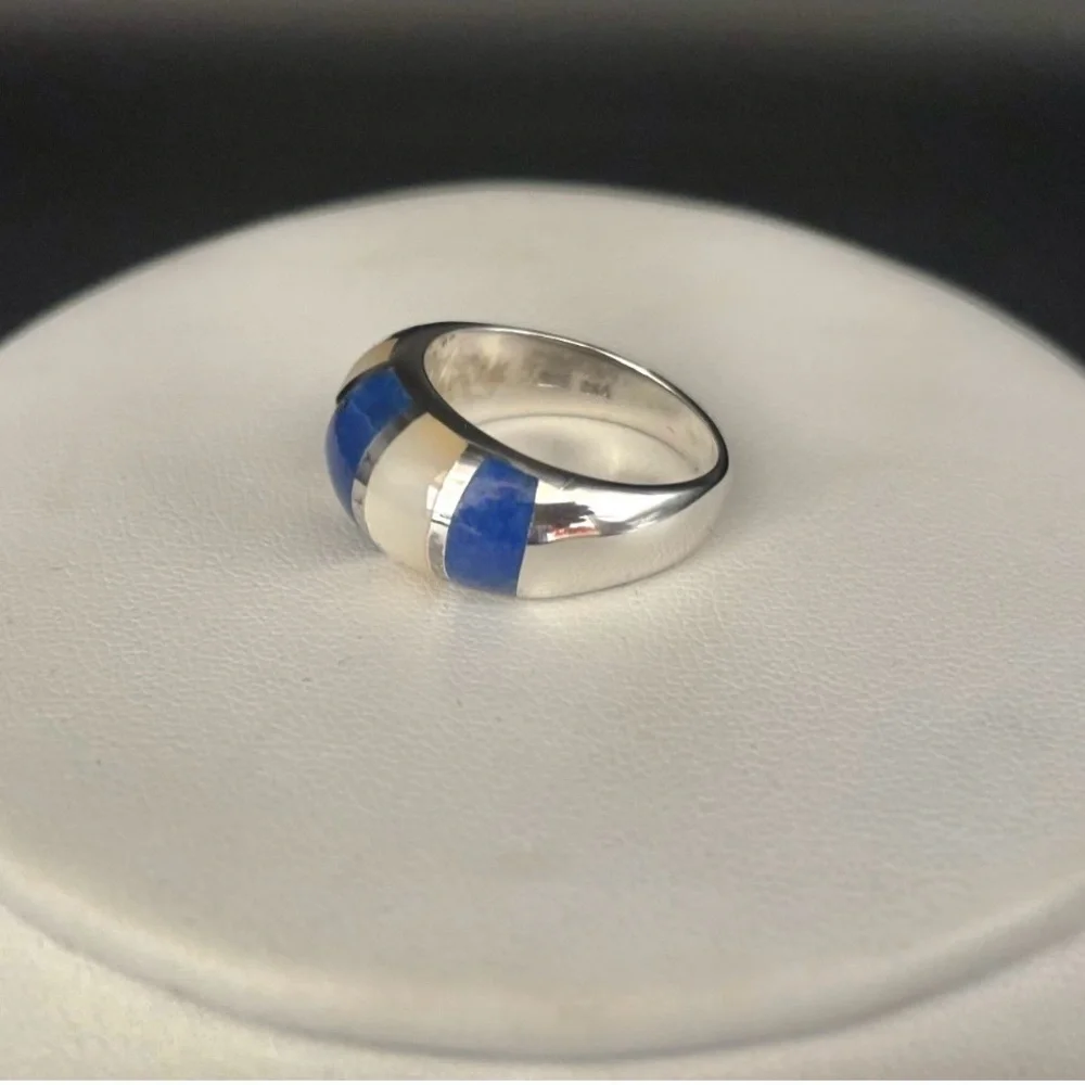 Vintage Sterling Silver with Lapis Lazuli &mother Of Pearl Ring 7 g Size 6